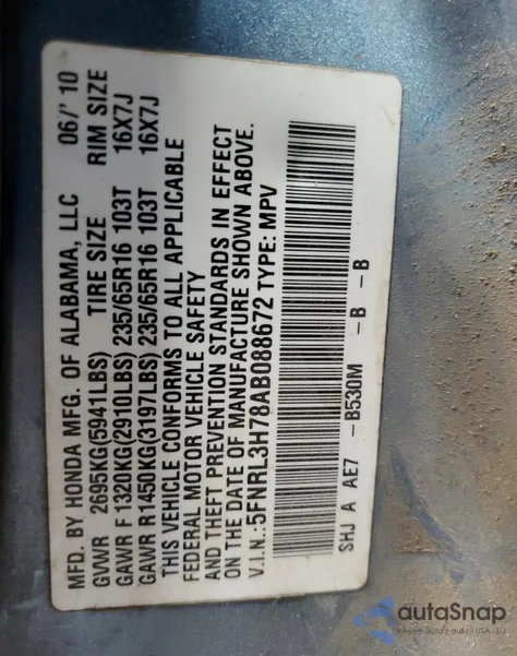 2010 Honda Odyssey Exl z USA, uszkodzony, nr VIN 5FNRL3H78AB088672